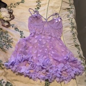Purple Floral Sheer Sleepwear Night Gown Dress
